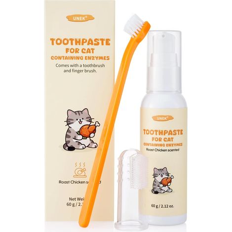 Kit de soins dentaires pour chat, dentifrice enzymatique goût poulet rôti  Avec brosse à dents et brosse à doigts, aide à réduire la plaque dentaire et favorise une haleine fraîche, 60 g (1/5)