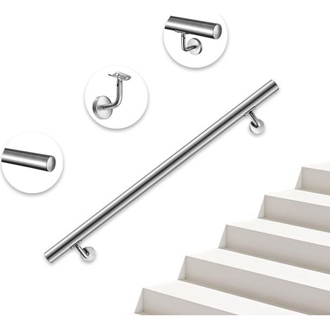Main courante, inox 304, rampe d'escalier ronde 100cm, avec 2 supports muraux, Ø42.4mm, en kit complet, intérieur & extérieur