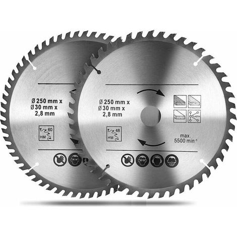 Lame de scie circulaire Bois 250 x 30 mm, Lame de scie de alliage de carbure 48T et 60T, pour le tronçonnage du bois naturel, du bois dur, du bois tendre, bois abrasif et contreplaqué plaqué (1/5)