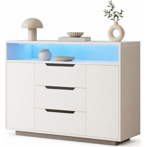 Buffet blanc avec étagère ouverte, 3 tiroirs, portes doubles et LED, meuble de rangement moderne à poser pour salon, salle à manger ou bureau - CHICFURN (1/5)