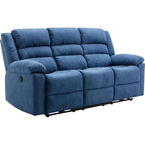 Vente-Unique – Canapé 3 places relax électrique en tissu bleu – Dossier inclinable 165° – Structure bois et métal – Garnissage mousse polyuréthane (1/5)