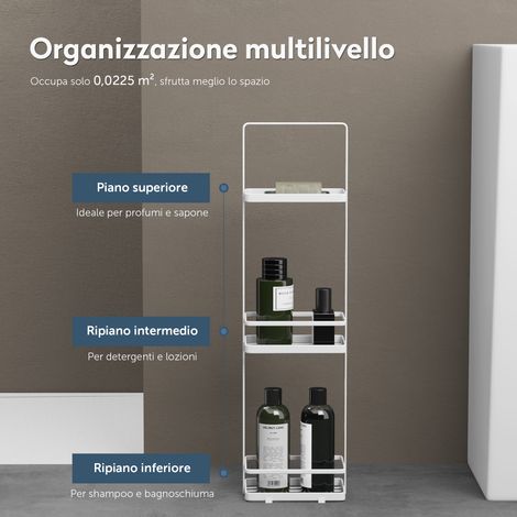 doporro Scaffale da Pavimento per Bagno Bianco a 3 Ripiani Organizer Toilette in Acciaio al Carbonio 18 x 12,5 x 67,3 cm Reglo02