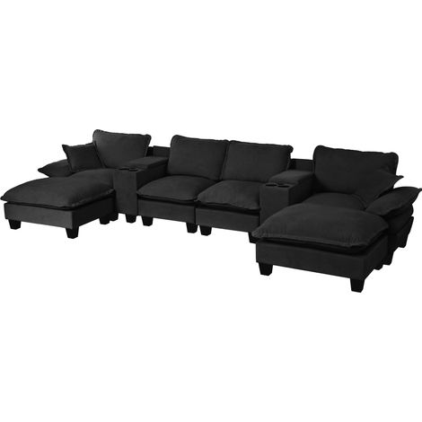 Modulares U-Sofa aus schwarzem Chenille mit USB, Stauraum und 2 Hockern MODENUIT (1/5)