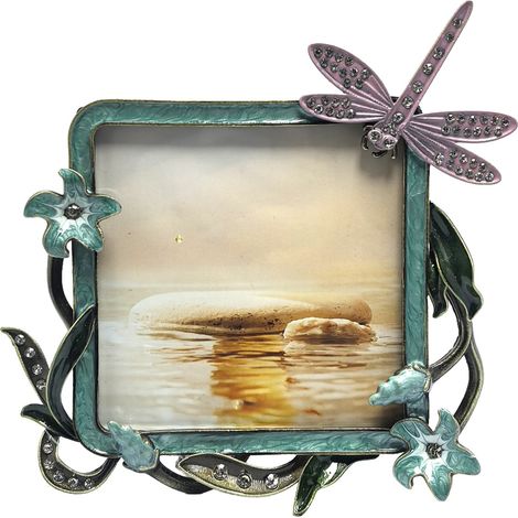 Cornice portafoto smaltata verde acqua con libellula 10x10 cm (1/3)