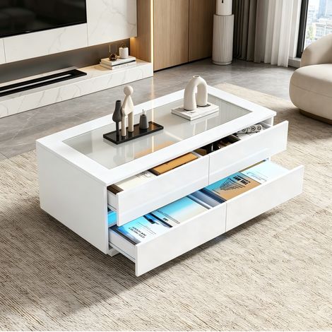 Tavolo da caffè in pannello truciolare e vetro temperato, bianco, 100 x 50 x 40 cm, con 4 cassetti e LED (1/5)