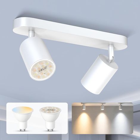 Projecteur LED Plafonnier 2 Spots, Projecteur Murale GU10 Amovible Pivotant à 350°, 5W 3CCT Blanc Spotlight pour Salon, Chambre et Couloir incluant Ampoule GU10 (1/5)