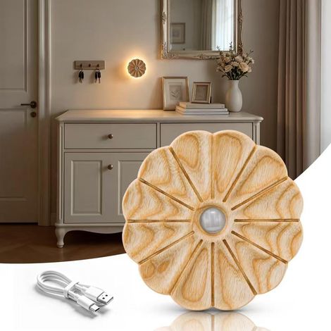 Nachtlicht aus geschnitzter Holzblume, Mini-USB-wiederaufladbar, Bewegungsmelder, magnetische Wandleuchte für Flur, Schlafzimmer, Wohnzimmer, Treppenhaus, Eschenholz (1/5)
