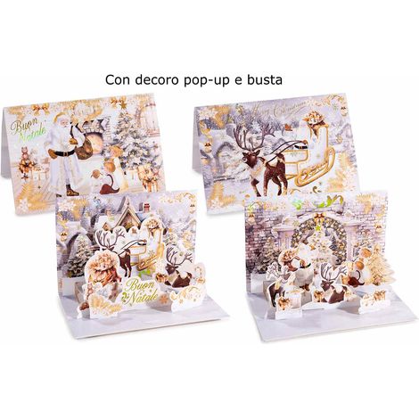 Biglietti di auguri di Natale con decori pop-up paesaggio innevato con Babbo Natale e renne, con busta, set da 36 pezzi, cm 17 x 11,5 H