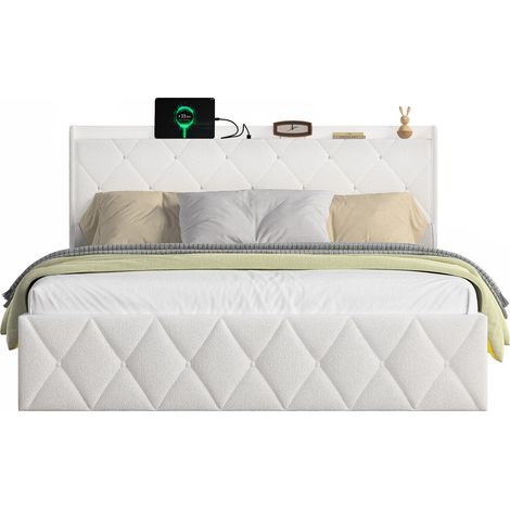 Cama tapizada 140 x 200 cm blanca de tejido Teddy, LED, USB, 6 cajones, sin colchón (1/5)
