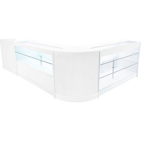 Comptoirs de Vente en MDF Blanc à LED Blancs Ensemble Vega CM60 TB60 1500 C1500 3 Unités de Rangement Étagères Internes Portes Coulissantes Verouillables Réception Bureau Vêtements [Clés INCLUS] (1/5)