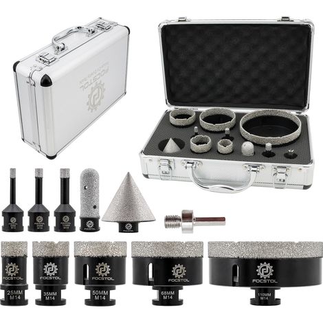 Scie Cloche Diamant - 11 pièces (6/8/10/25/35/50/68/110mm+20mm Fraise+50mm Mèches Chanfrein Biseautées+Adaptateur) Foret Diamant Carrelage Kit pour Porcelaine Carrelage Marbre Granit (1/5)
