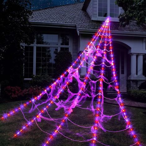 Guirlande lumineuse toile d'araignée pour Halloween - 250 LED - Toile d'araignée géante de 5 mètres - 8 modes d'éclairage - Résistante à l'eau avec minuterie - Violette et orange - Idéale pour la déco (1/2)