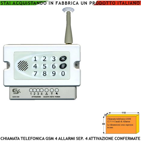 Combinatore GSM Chiama 40 Numeri su 4 Canali 4 Messaggi Voce Conferma Attivazioni  Telesoccorso Ascolto Ambientale Optional Dual Band Memorizza Eventi Per Data Password Apri Cancello Accesso e Blocco (1/4)