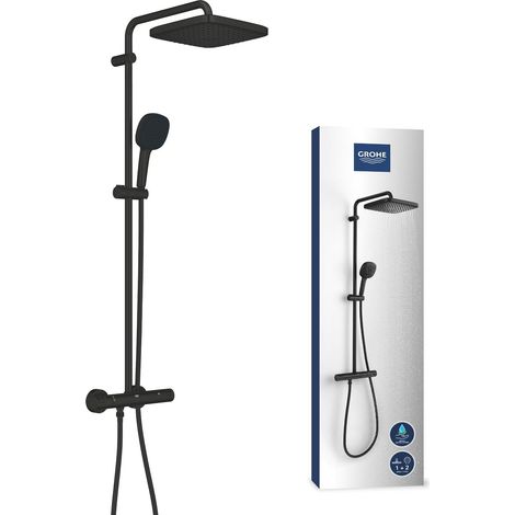 Colonne de Douche avec Mitigeur Thermostatique, Douche de Tête Carrée 25cm 1 jet (Pluie), Douchette Carrée 11cm 2 jets (Pluie/Stimulant), Economie d'Eau, Noir Mat, 266962431 (1/5)