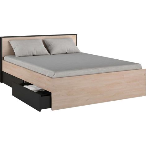 Cama de Matrimonio con 2 Cajones de Almacenaje Celest 135x190 / 140x190 cm Roble Brooklyn y Negro Stipple