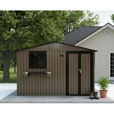Abri jardin Acier Galvanisé Marron-Noir 7,19 m², 2 Fenêtres, Porte Verrouillable et Étagère Florale (1/5)