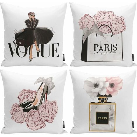 Ahlsen Set mit 4 modischen Kissenbezügen für Frauen und Mädchen, Raumdekoration, rosa Blumen, moderne Kunst, Parfümhandtaschen, High Heels, 45,7 x 45,7 cm (1/5)