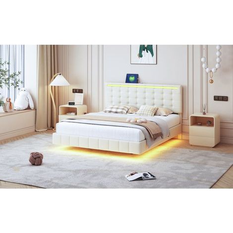 Lit Double 160x200 Design Flottant avec LED RGB et USB, Lit 2 Personnes en Tissu Lin ,Tête de Lit Réglable (1/5)