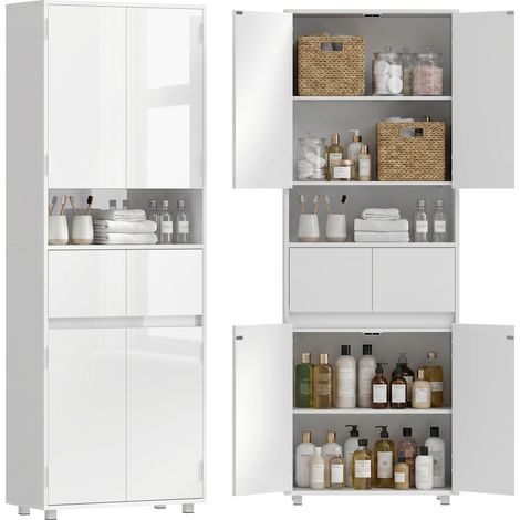 Meuble de salle de bain blanc brillant mince avec tiroirs et étagères (1/5)