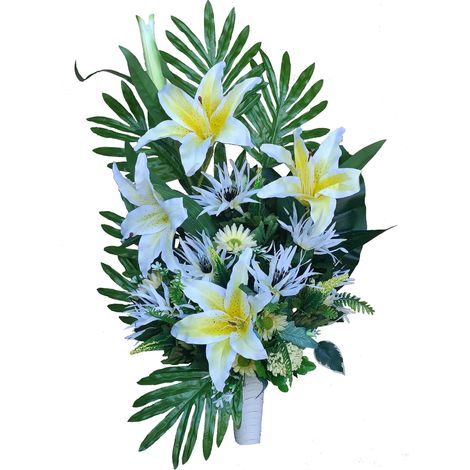 Vase de Fleurs artificielles Cimetière, Saints, Anniversaires Debout Jaune et Blanc à Mettre Directement dans Le Creux 70 cm Hauteur x 47 cm Largeur x 26 cm Profondeur (1/2)