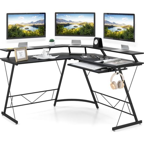 L-Shaped Computer Desk with Power Outlet and Monitor Stand Home Office Corner Workstation (1/5)