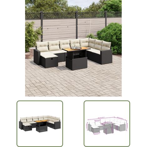 The Living Store 9-tlg. Garten-Sofagarnitur mit Kissen Schwarz Poly Rattan - Gartenmöbel Set - PE-Rattan Möbel - Outdoor Lounge - Gartenecke - Sofasatz (1/3)