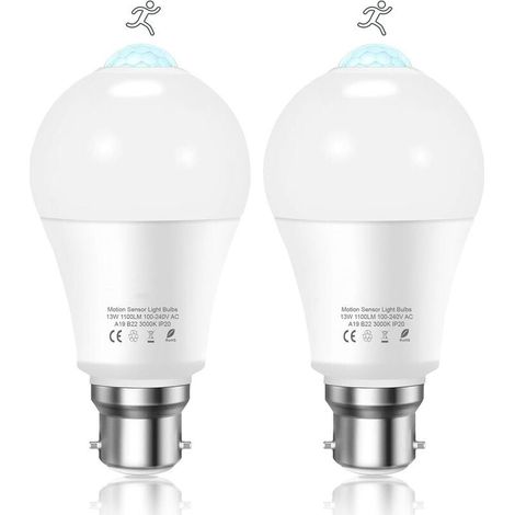 Mascot Ampoule Detecteur de Mouvement B22 Baïonnette LED, 12W, 1020lm, Blanc Froid 6000 K, CIR 85, étanches IP42 à économie d'énergie, non dimmable, Ampoule à Détecteur de Mouvement(2 pièces)