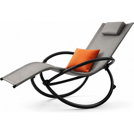 Chaise longue à bascule grise en tissu, avec accoudoirs rembourrés, coussins amovibles et structure métal 160 kg, pour jardin et terrasse  CHICFURN (1/5)