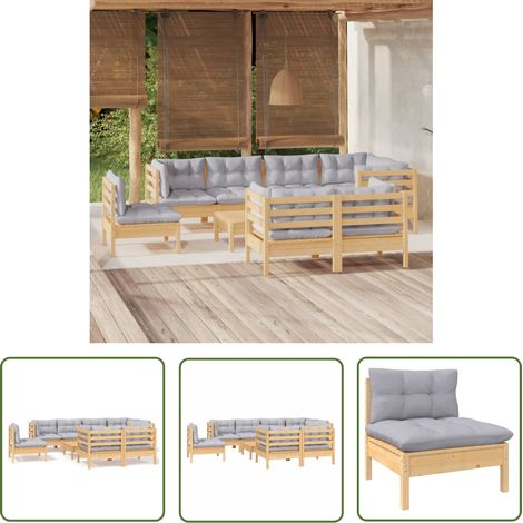 The Living Store 9-tlg. Garten-Lounge-Set mit Grauen Kissen Kiefer Massivholz - Garten Lounge Set - Kiefernholzmöbel - Outdoor Möbel - Gartenzubehör - Loungemöbel (1/5)