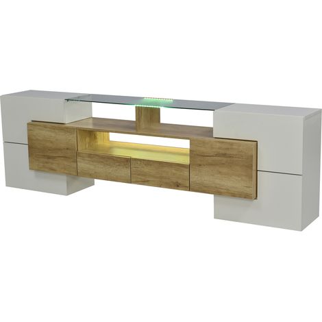 Mueble TV alto brillo blanco 200 cm con iluminación LED y superficie de vidrio, HOMVRA (1/5)