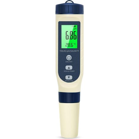 Ph Metre, 5 en 1 PH/TDS/EC/Salinité/Thermomètre, Testeur ph à Écran LCD, Compensation Automatique de la Température, Ph Metre Electronique, Adapté à l'Eau Potable, Aquariums, Piscine (1/5)