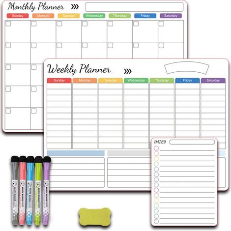 Tableau Blanc Magnétique - Calendrier Effaçable Mensuel et Hebdomadaire - Pour Frigo ou Mur - 3 Pièces (1/5)