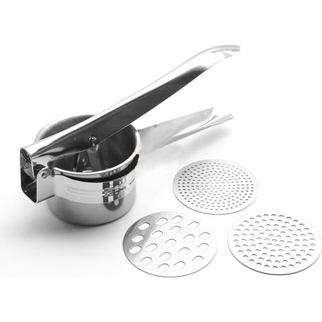 Presse-purée manuel en acier inoxydable pour pommes de terre, fruits et légumes, idéal pour la préparation de compléments alimentaires pour bébés. 3 disques interchangeables. (1/5)