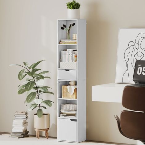 MEUBLIV Libreria stretta a 6 livelli bianca con cassetto, armadietto e ripiano regolabile (1/5)