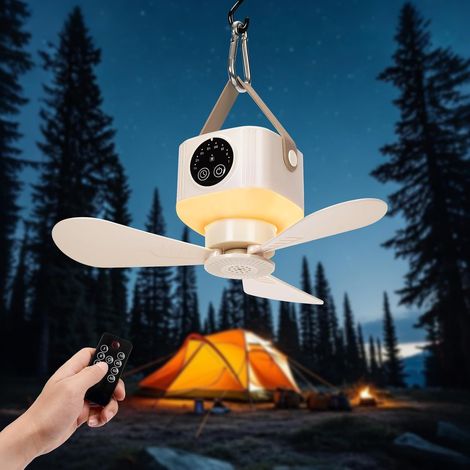 Wiederaufladbarer, tragbarer Deckenventilator mit USB-Anschluss, LED-Licht und Fernbedienung, 4 Geschwindigkeitsstufen und Timer für Camping, Wohnmobil und Zelt. (1/5)
