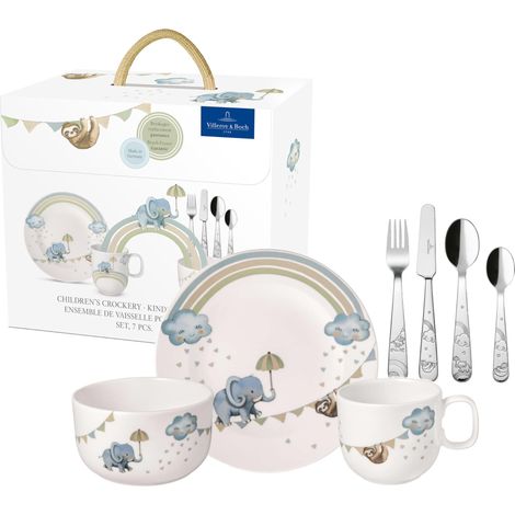 Set de Vaisselle pour Enfant 7 Pièces Bleu, Garanti Lave-Vaisselle, Compatible Micro-Ondes, Service de Vaisselle, Couvert, Porcelaine (1/5)