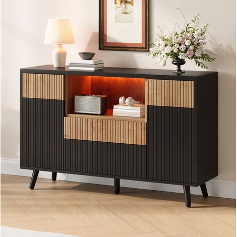 Buffet de cuisine 130x38x85 cm MDF noir et décor bois, rangement avec LED RGB - CHICFURN (1/5)