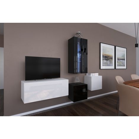 Ensemble meuble TV NEXT 293 AN293-17WB-HG26-1A blanc-noir brillant 197 cm
