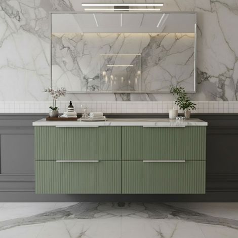 Hudson Reed Fluted Wall Hung 4-Drawer Vanity Unit with Carrera Marble Worktop 1200mm Wide - Satin Green (1/4)