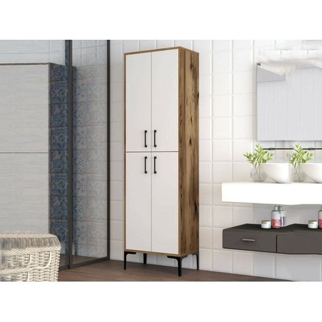 Dmora - Credenza Alphard, Buffet da soggiorno, Madia da salotto, Dispensa da cucina, 60x35h200 cm, Noce e Bianco, con imballo rinforzato, con imballo rinforzato (1/5)