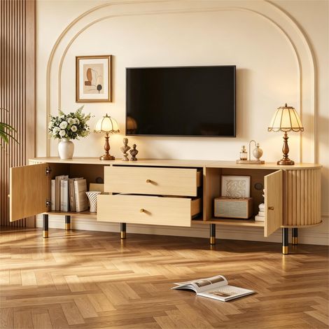 Meuble TV bas, banquette TV 180x40x58cm, meuble bas ovale avec portes coulissantes et deux tiroirs – meuble TV aspect bois pour le salon. (1/4)