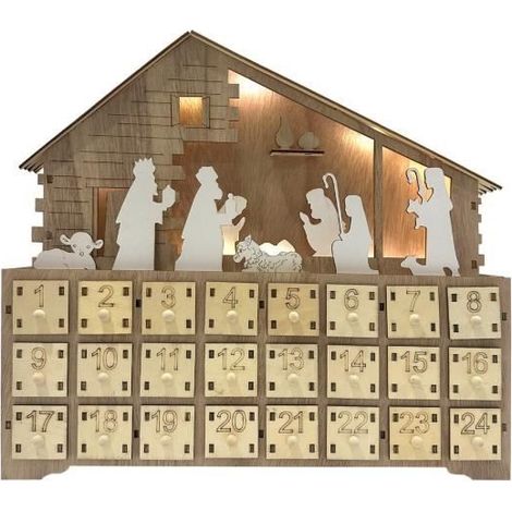 Calendrier de l'Avent en Bois Sculpté avec 24 Tiroirs et Crèche - MOBILI REBECCA - Marron clair (1/4)