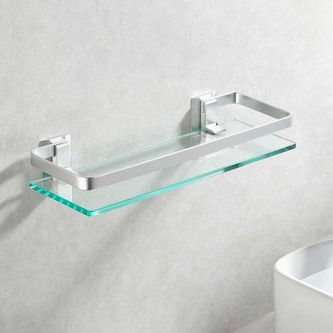 Rechteckiges Aluminium-Badezimmerregal aus gehärtetem Glas, einlagig, extra dick, silberfarben, sandgestrahlt, zur Wandmontage (1/5)