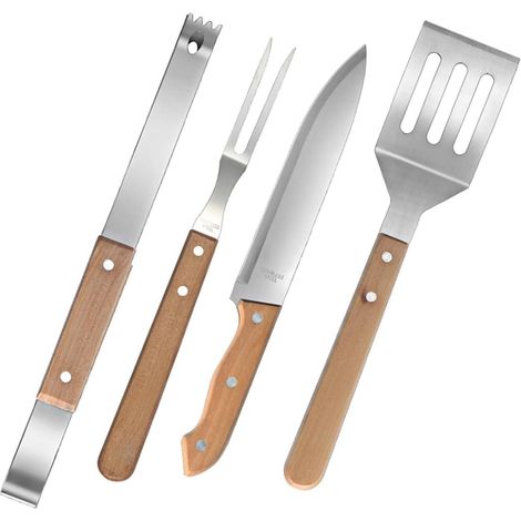 Kit Ustensiles pour Barbecue 4 Pièces en Acier Inoxydable avec Manches Bois, Léger et Facile à Transporter, Pique-niques Vacances -