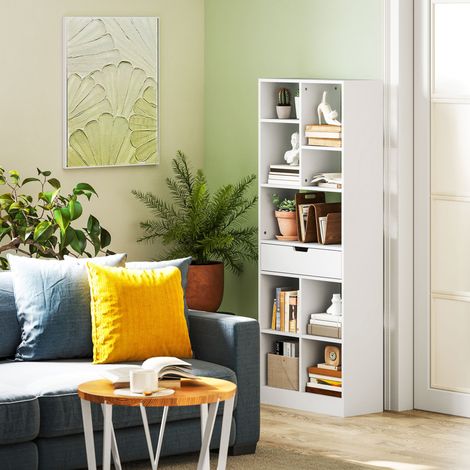 Bibliothèque étagère en MDF blanc avec 9 étagères ouvertes et 1 tiroir, 60 x 26 x 158 cm, fixation murale (1/5)