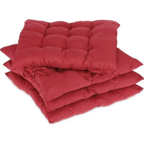 Lot de 4 coussins de chaise, 38 x 38 cm, coussins avec attaches, revêtement en polyester, intérieur/extérieur, rouge (1/4)