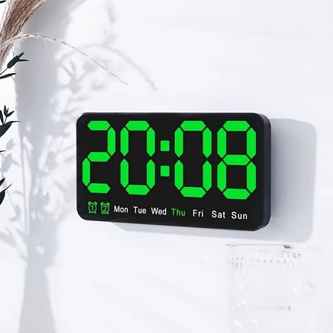 Grande orologio digitale da parete con controllo vocale, dotato di indicazione di temperatura, data, calendario settimanale, funzione di sveglia ritardata e doppia sveglia da tavolo/24 ore. (1/5)