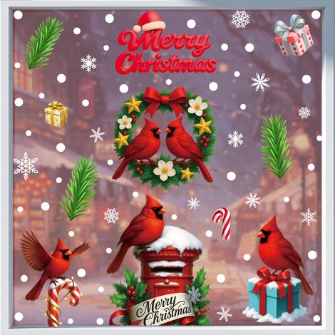 Décoration de fenêtre de Noël, oiseau rouge mignon, décoration de porte et fenêtre en verre pour chambre à coucher, autocollant de fenêtre à effet statique - [Ensemble de trois pièces] 644-646 -