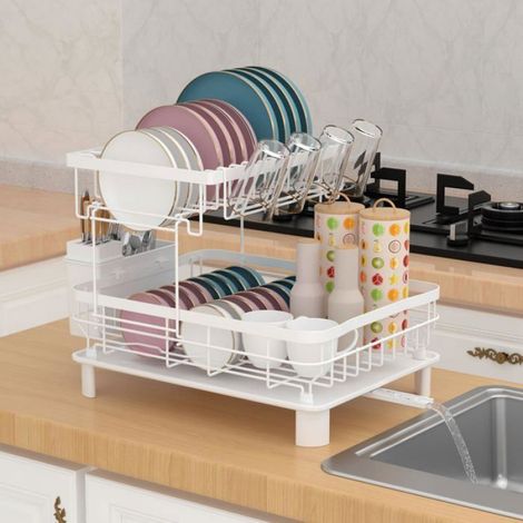 Égouttoir Vaisselle - Double Étage - Pour Évier Cuisine - 43 x 33 x 33 cm - Blanc - 1 Pièce (1/5)