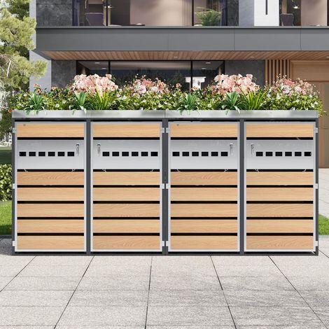 Cache-poubelle Extérieur 4 Portes avec Jardinière, Abri Poubelle Verrouillable avec Aérations en Losange, poubelle en bois massif - Gris (1/5)